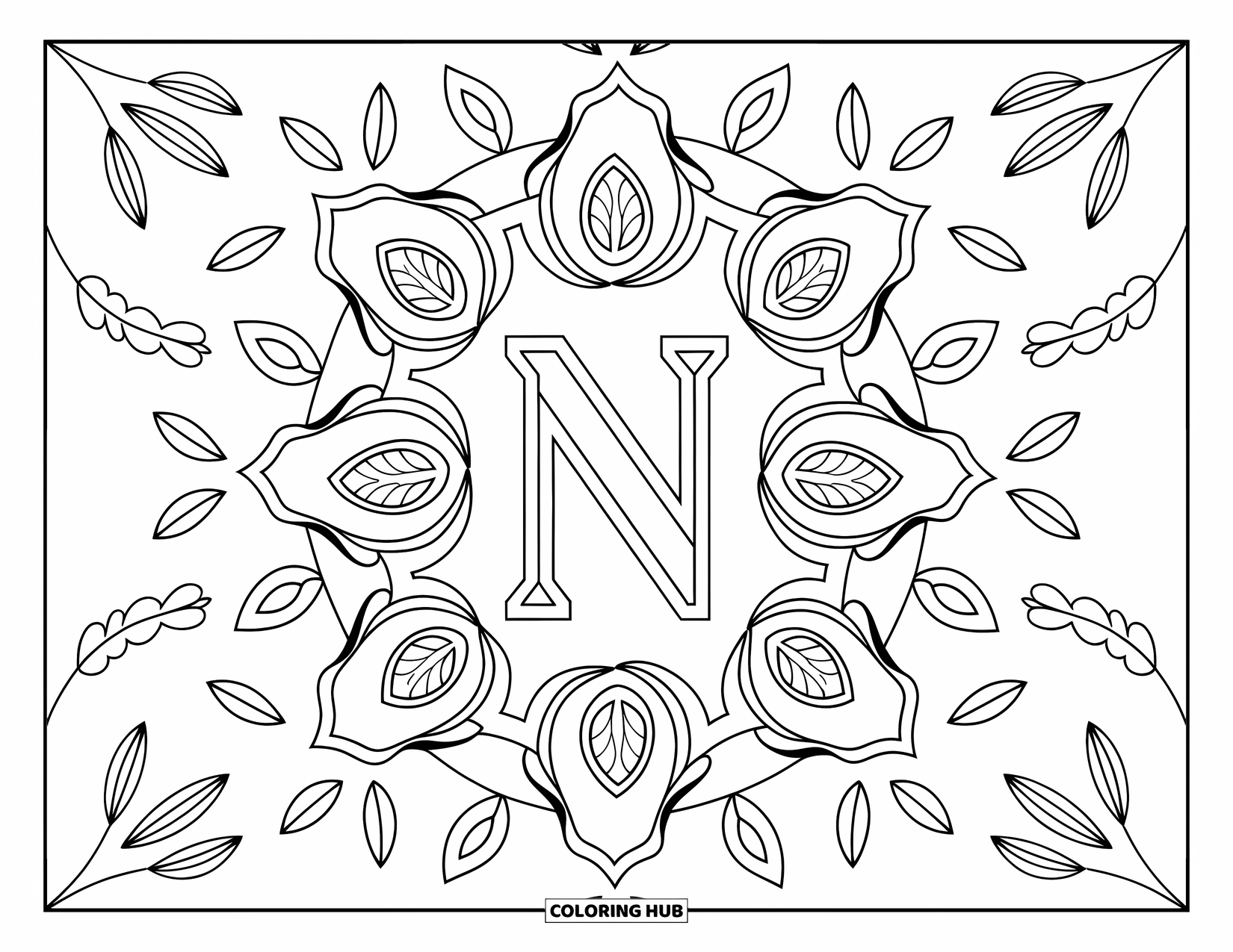Letter N Coloring Page for Adults: Paisley and floral patterns surround a central N in this elegant design