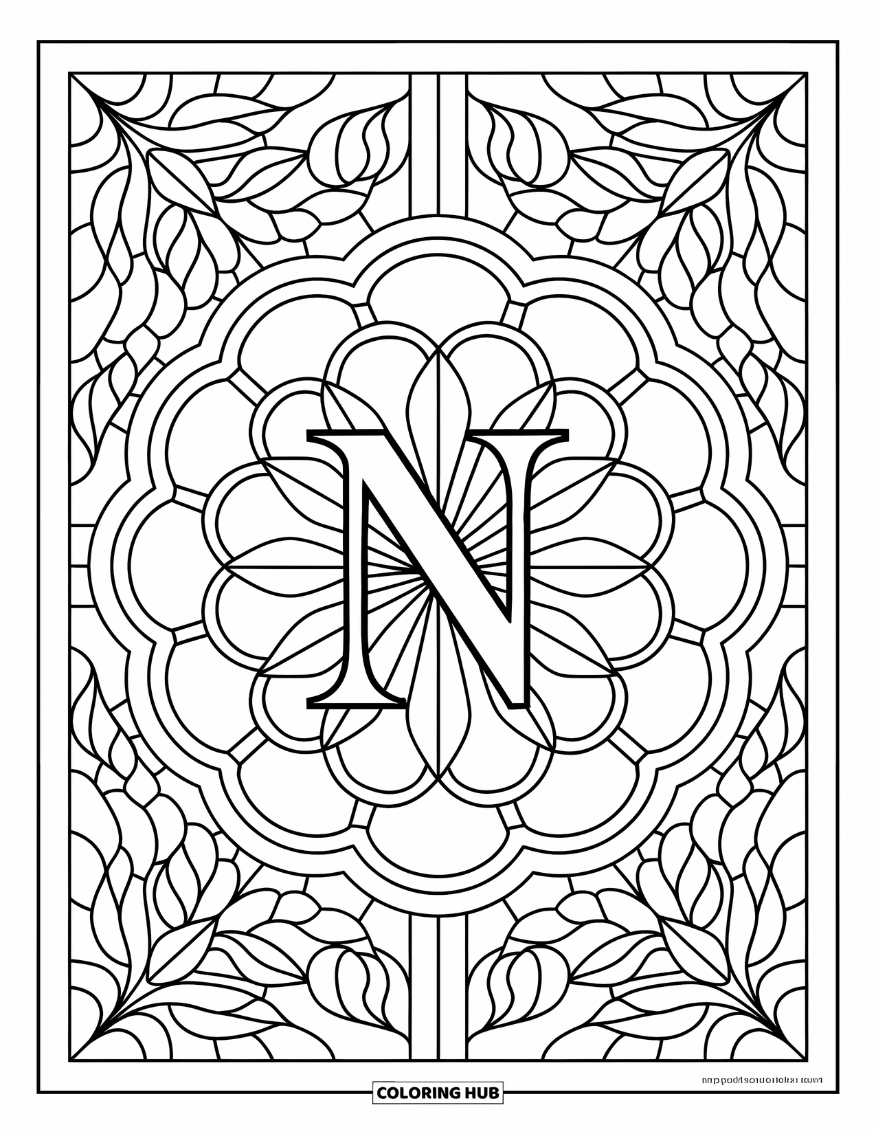 Letter N Coloring Page for Adults: Petal shapes and leafy forms fill a rose window design centered on N