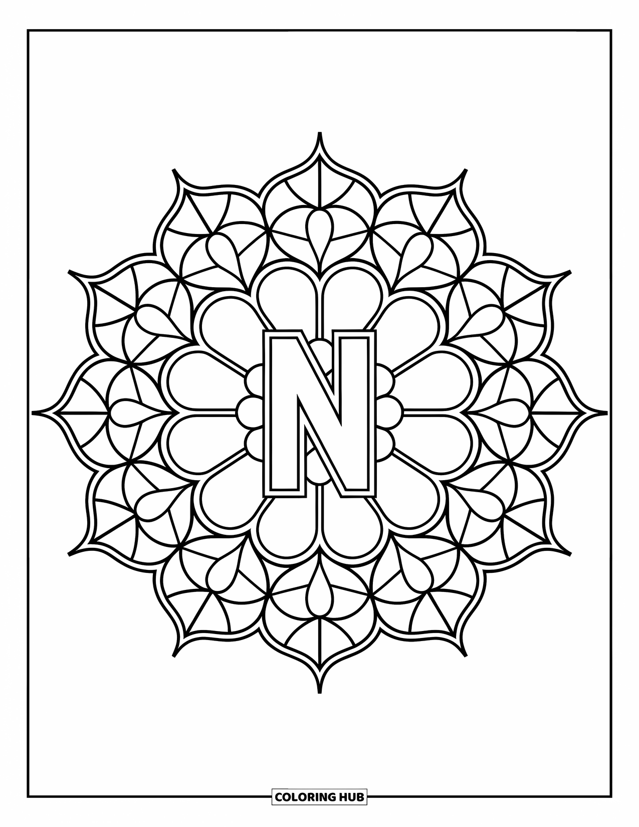 Letter N Coloring Page for Adults: Rose window petals and leaves form a stained glass pattern around the letter N