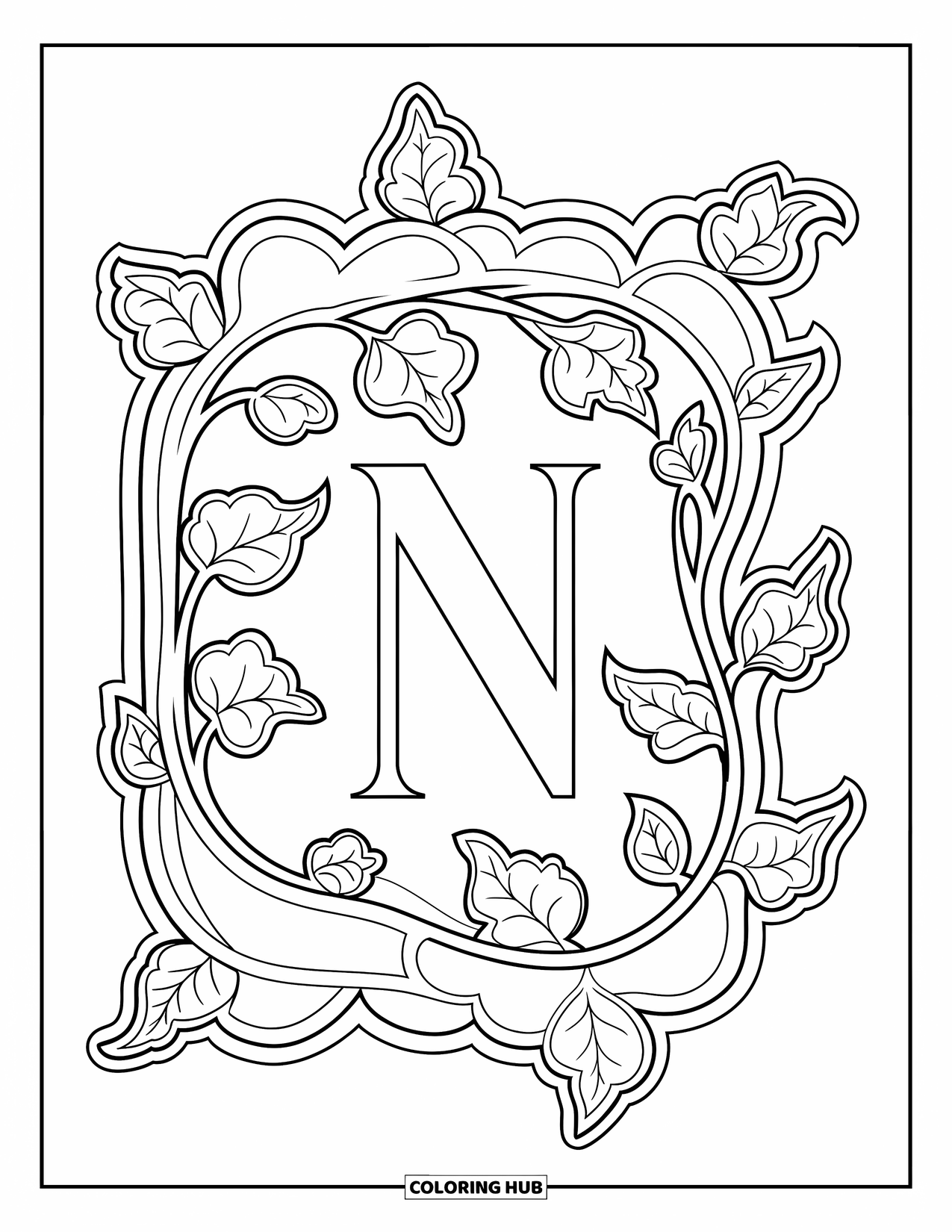 Letter N Coloring Page for Adults: Swirling ivy and leaves surround an ornate N in Art Nouveau style