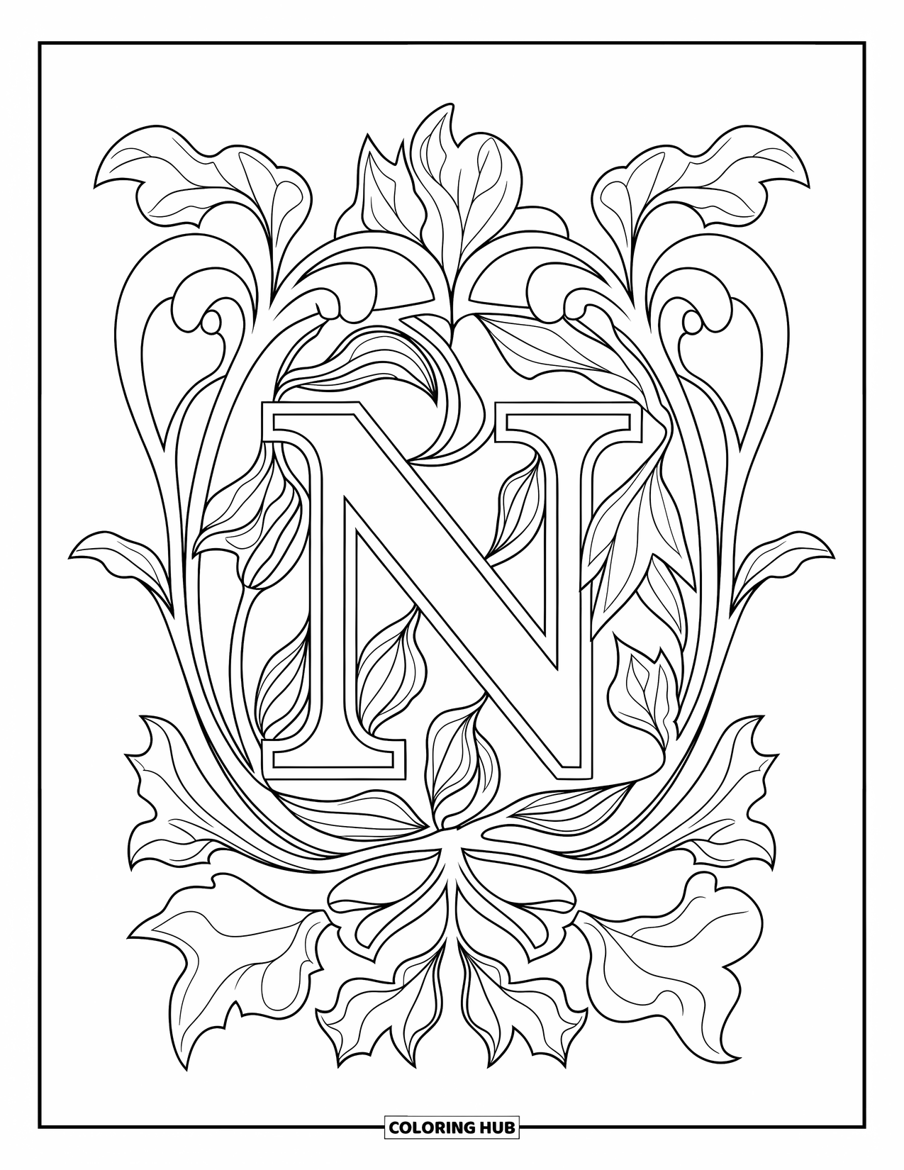 Letter N Coloring Page for Adults: The letter N rests among swirling ivy in an Art Nouveau frame