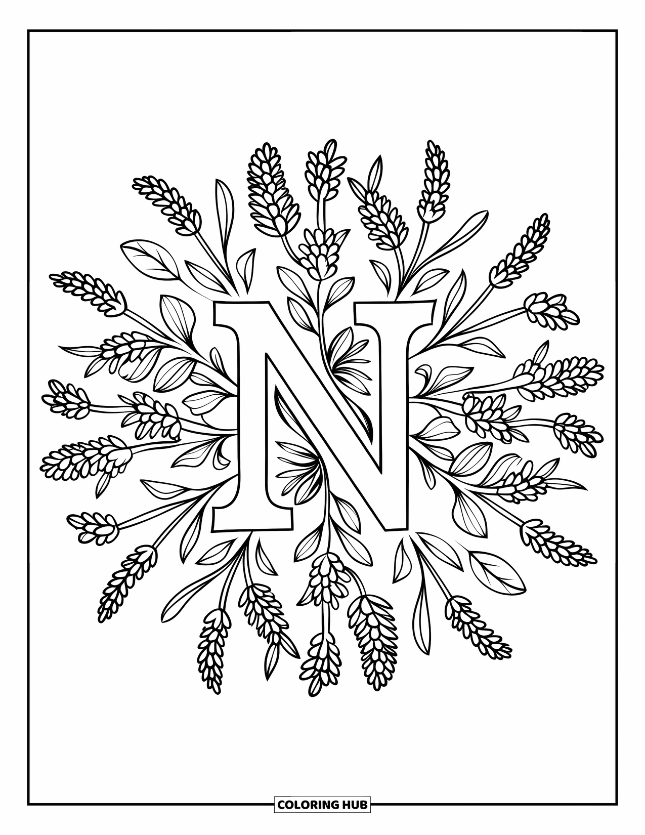 Letter N Coloring Page for Adults: The letter N rests in a mandala filled with sprigs of herbs