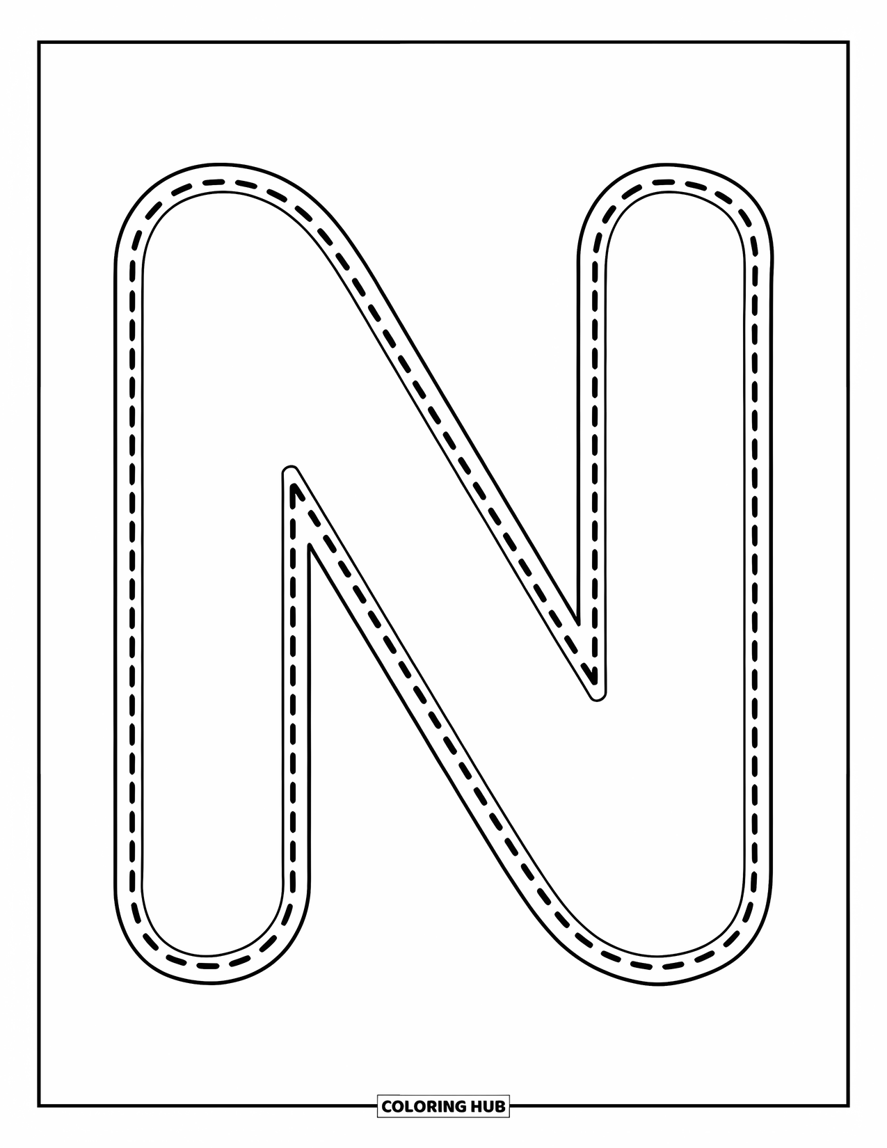 Letter N Coloring Page for Kids: A big dotted letter N helps kids trace and learn