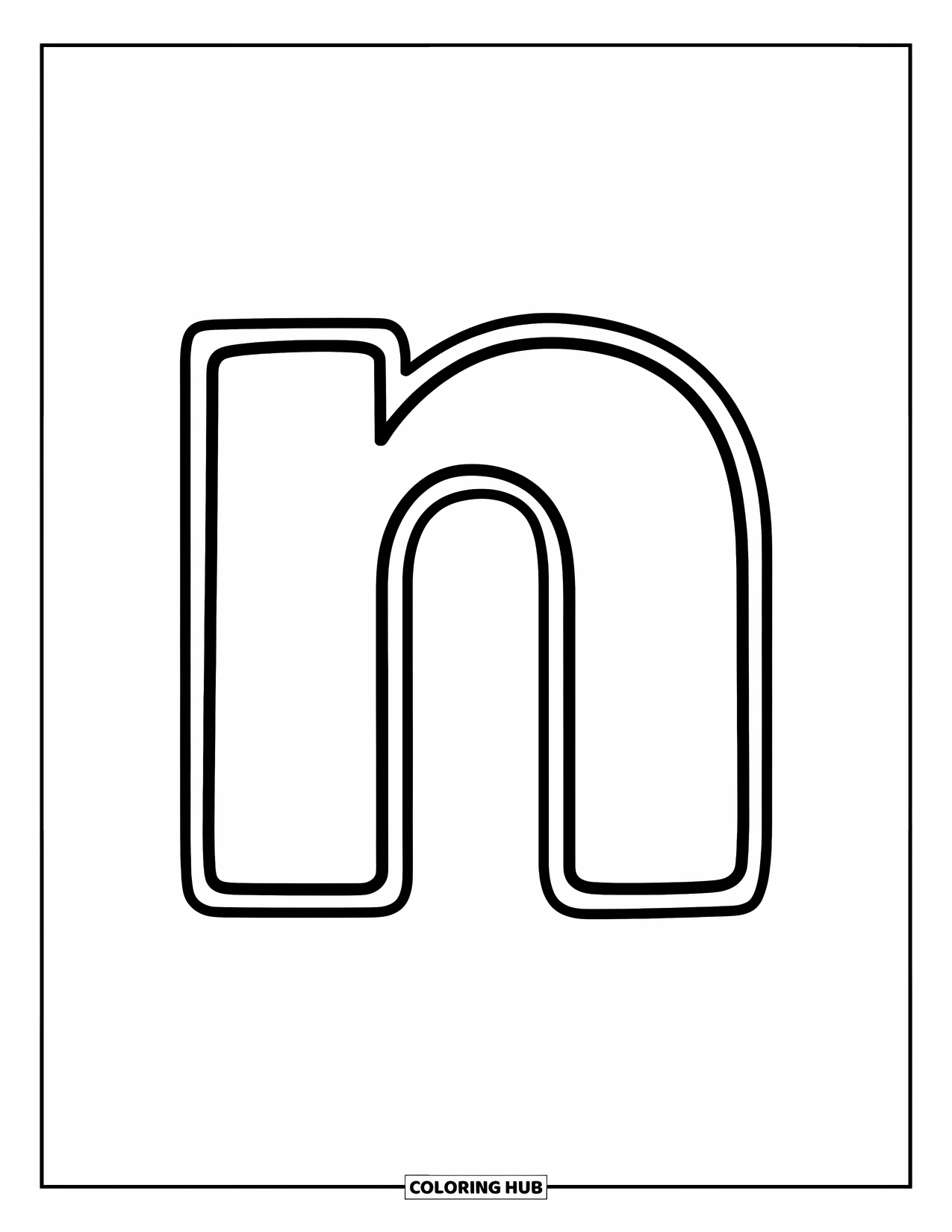 Letter N Coloring Page for Kids: A big lowercase n with thick lines and a cheerful look