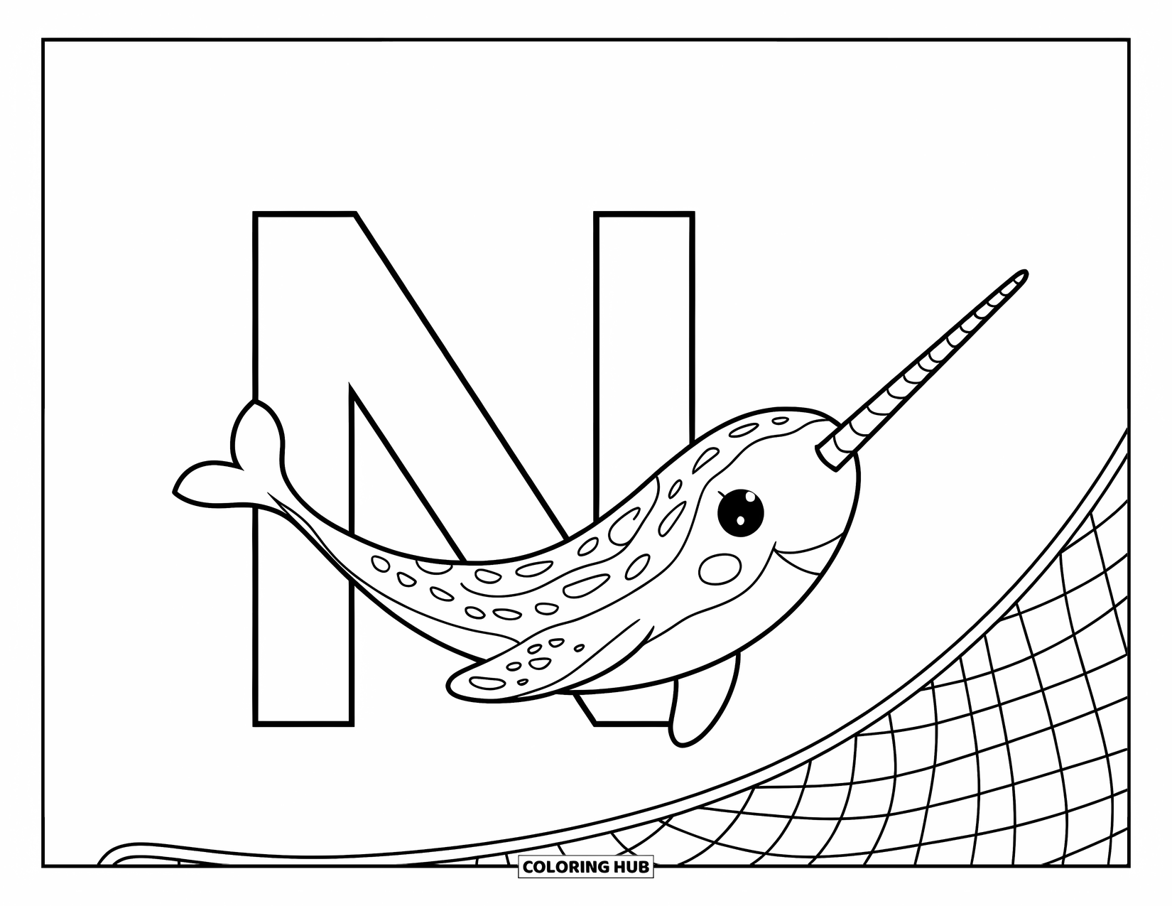 Letter N Coloring Page for Kids: A big N and little n float beside a narwhal and fishing net