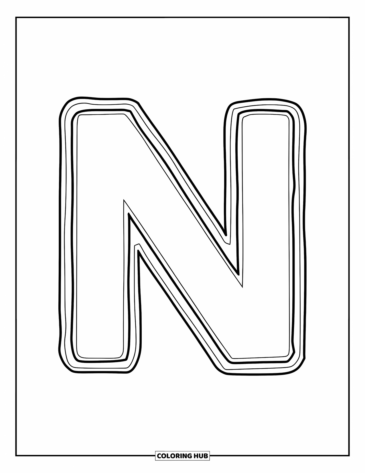 Letter N Coloring Page for Kids: A bold uppercase N is centered for simple, cheerful coloring