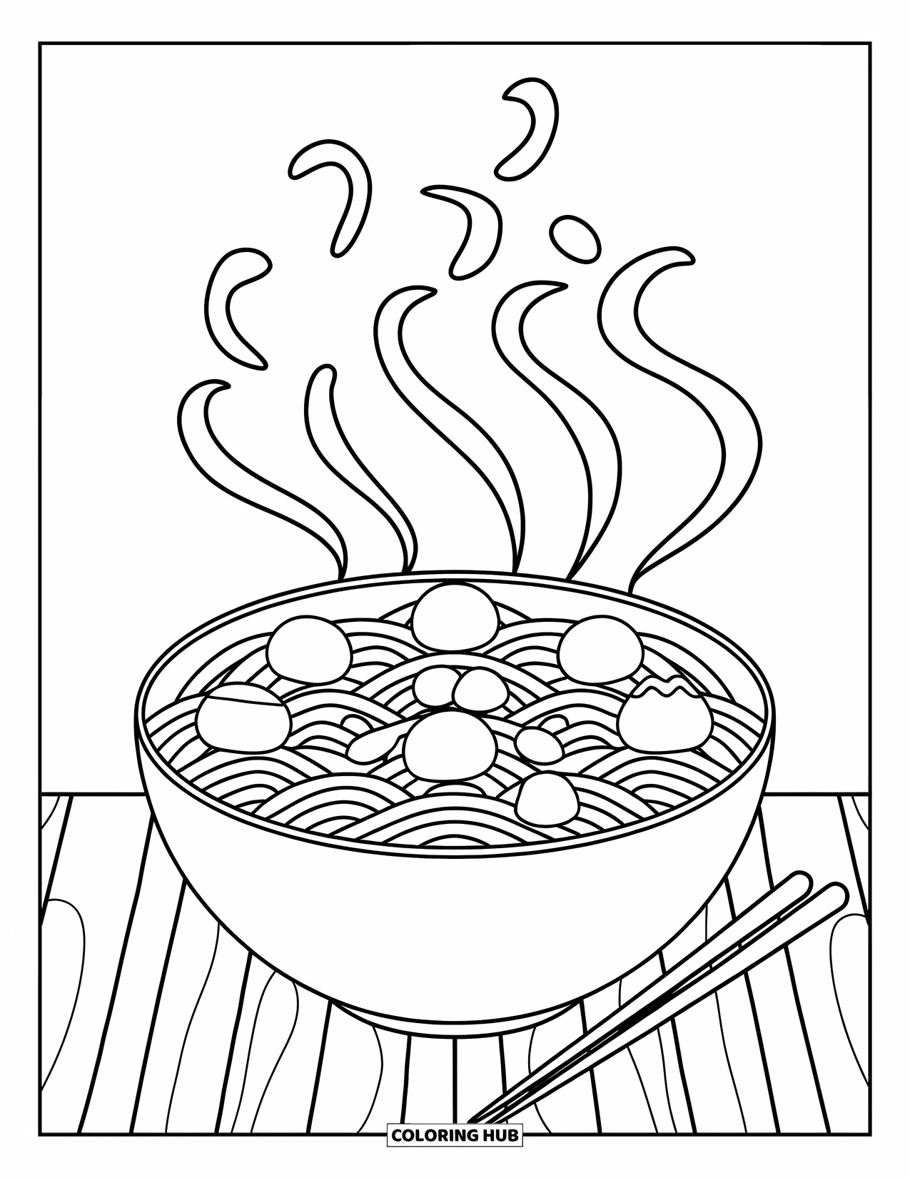 Letter N Coloring Page for Kids: A bowl of steaming noodles is topped with cute shapes and eggs