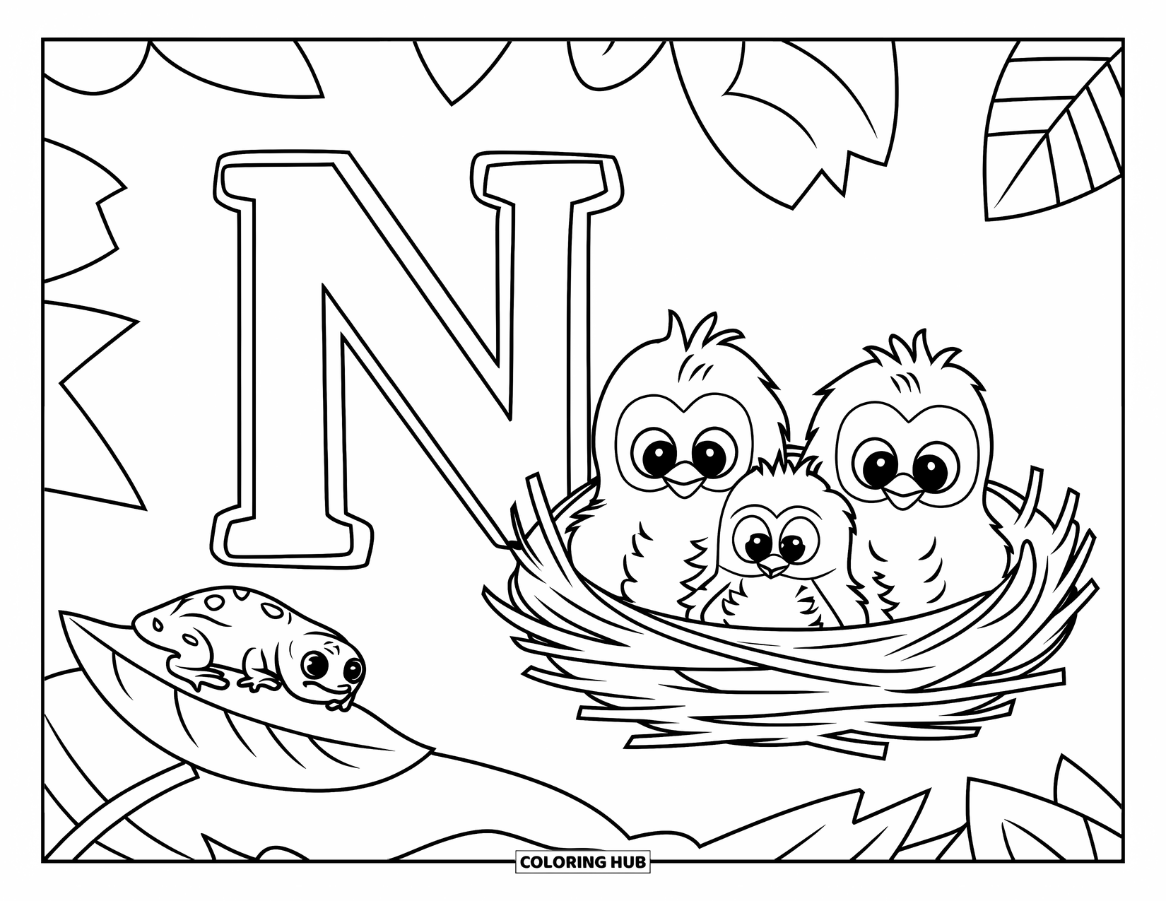Letter N Coloring Page for Kids: A cozy nest and lounging newt sit beside N and n