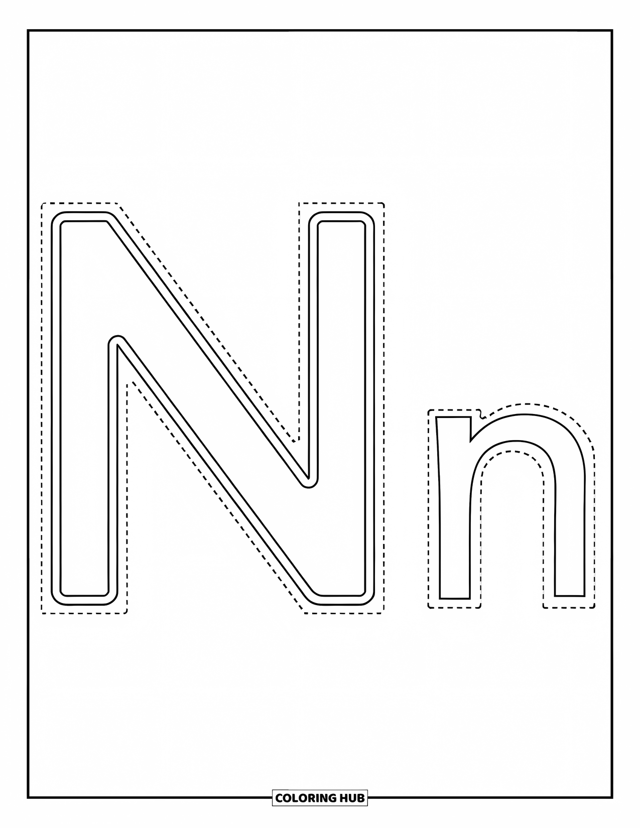 Letter N Coloring Page for Kids: A dotted big N and little n help kids learn to trace letters