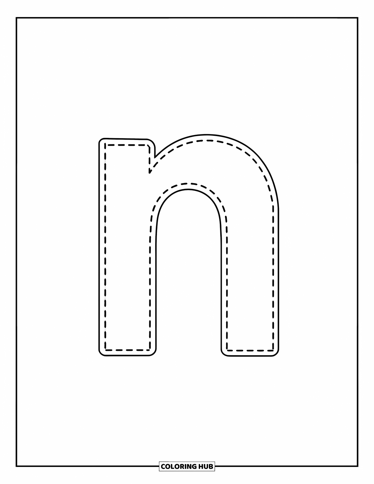 Letter N Coloring Page for Kids: A dotted lowercase n helps preschoolers trace and learn