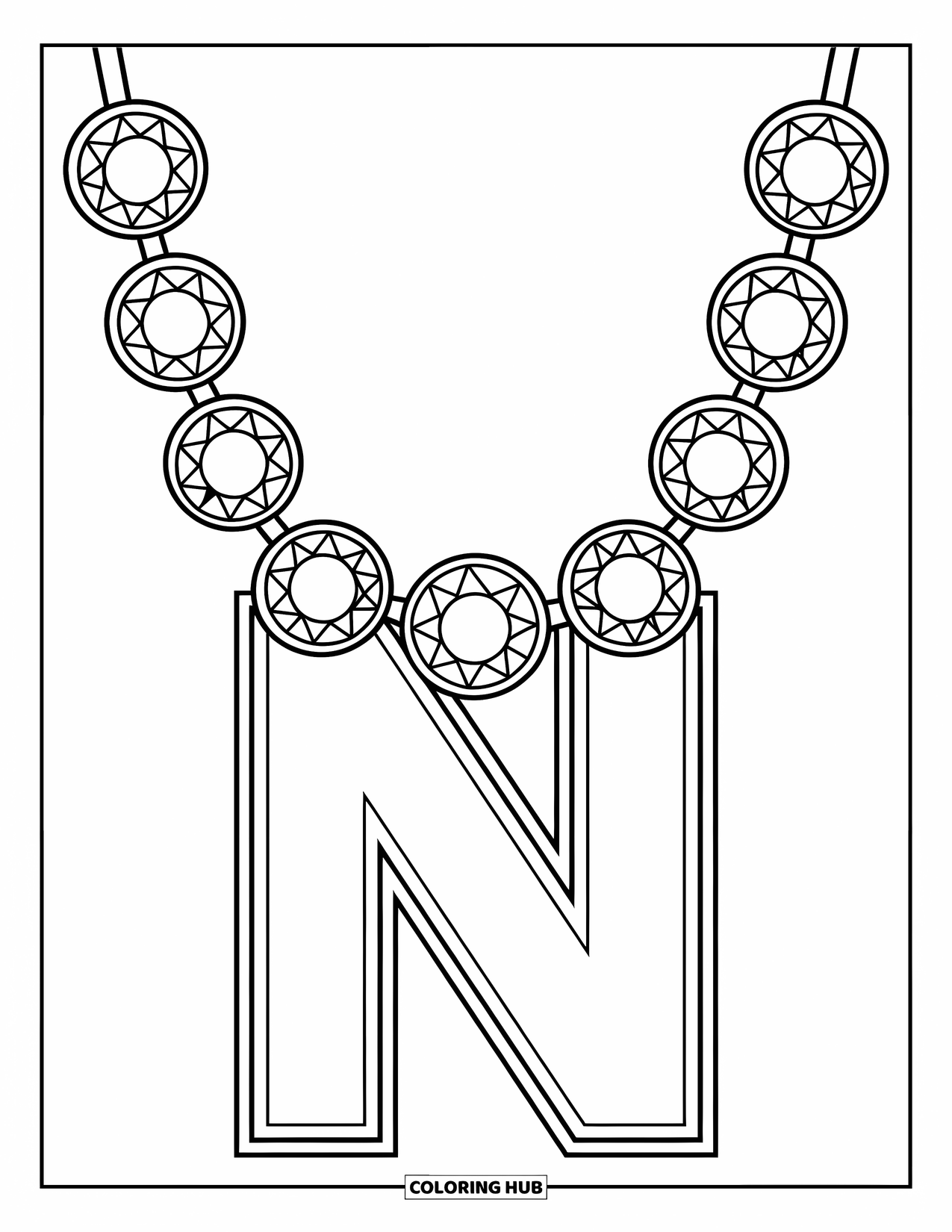 Letter N Coloring Page for Kids: A fancy necklace with gems holds a bold letter N