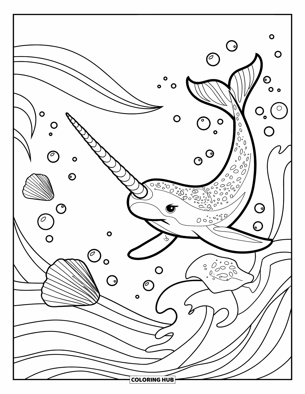 Letter N Coloring Page for Kids: A majestic narwhal swims through gentle waves with bubbles and seashells nearby