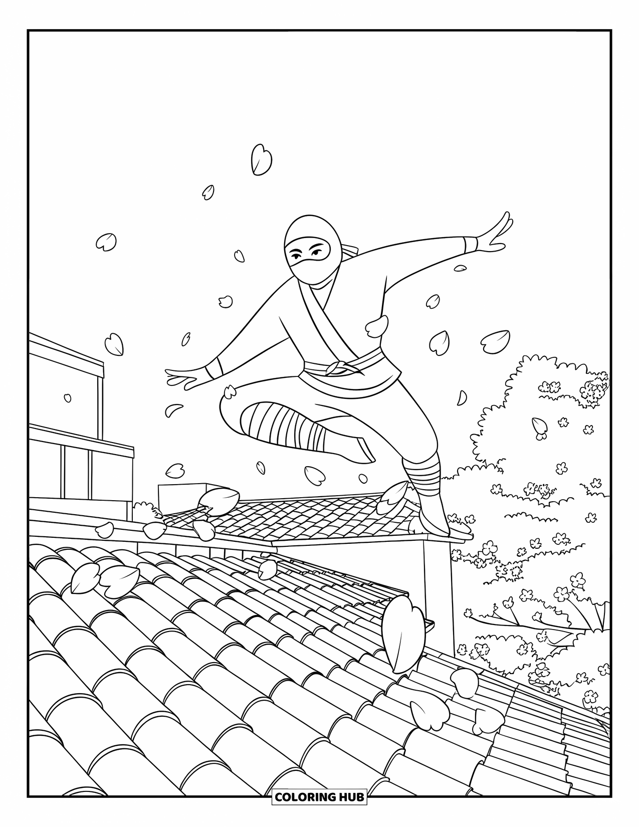 Letter N Coloring Page for Kids: A masked ninja jumps above rooftops with falling cherry blossoms