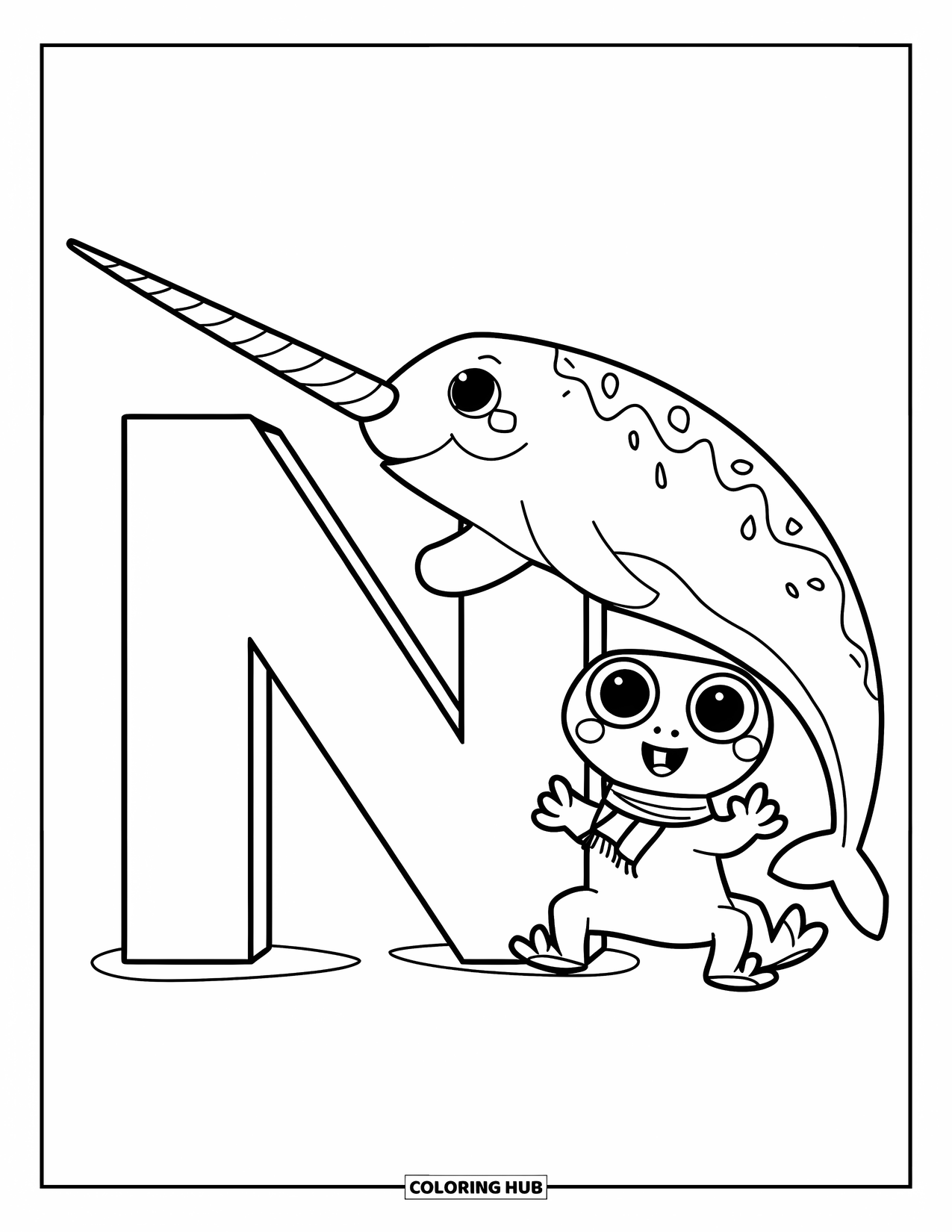 Letter N Coloring Page for Kids: A narwhal in a hat and newt in a scarf play near N