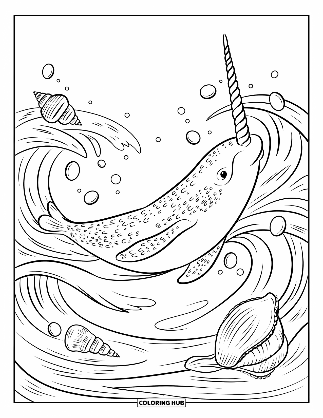 Letter N Coloring Page for Kids: A narwhal swims gently through bubbly waves with floating seashells