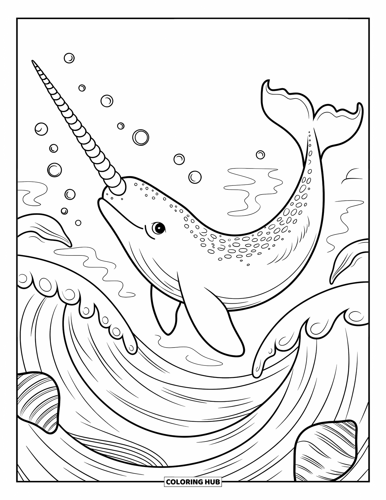 Letter N Coloring Page for Kids: A narwhal with a spiral tusk swims through seashell-filled waves