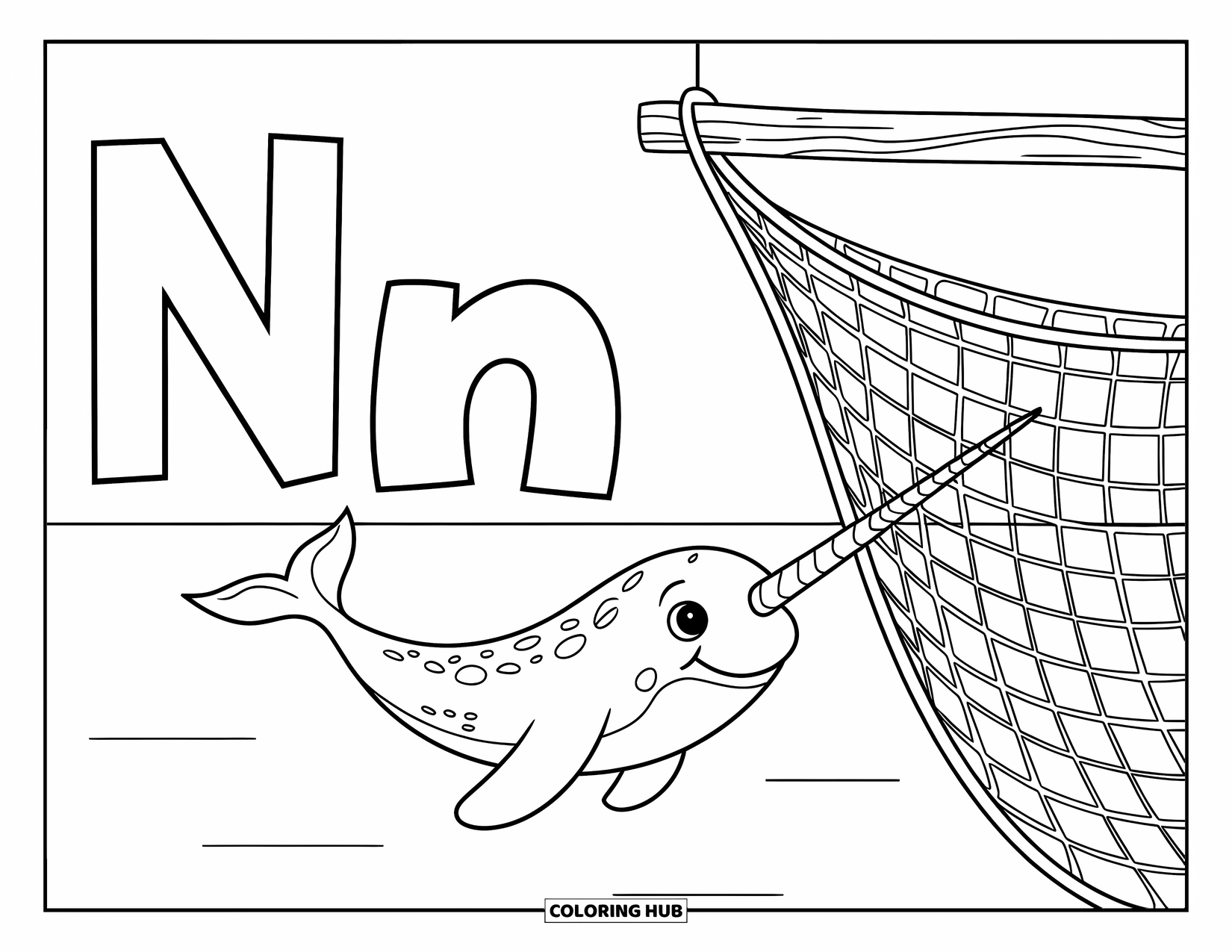 Letter N Coloring Page for Kids: A narwhal with a tusk swims near N and n beside a wooden net