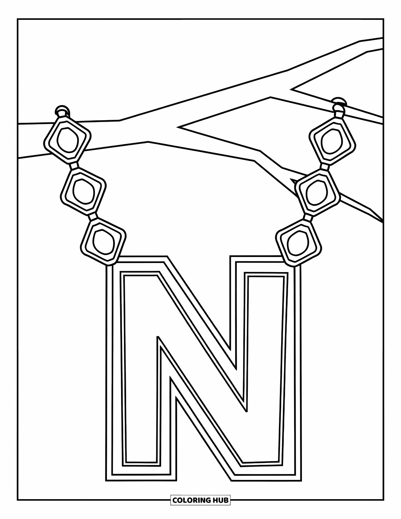 Letter N Coloring Page for Kids: A necklace with N and shiny gems hangs from a branch