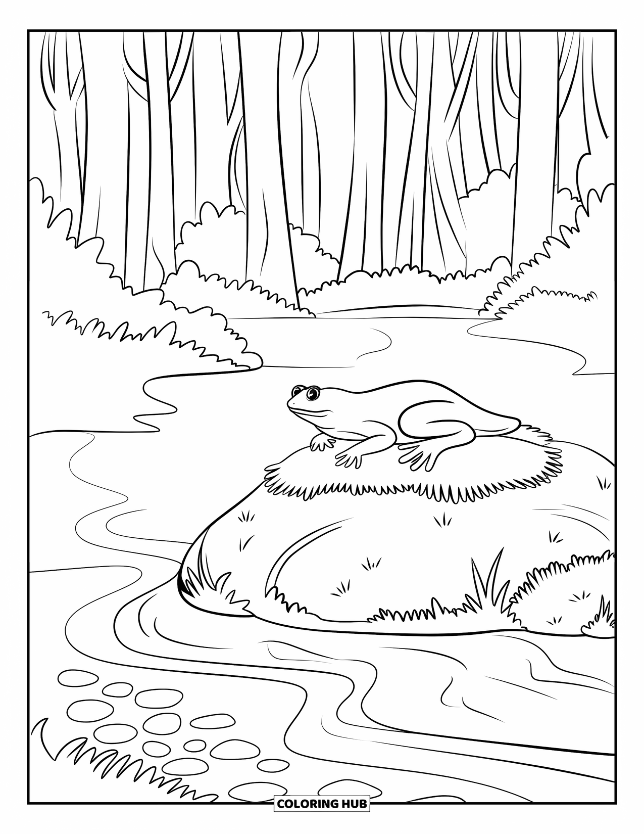 Letter N Coloring Page for Kids: A newt lounges by the stream on a mossy rock in the woods