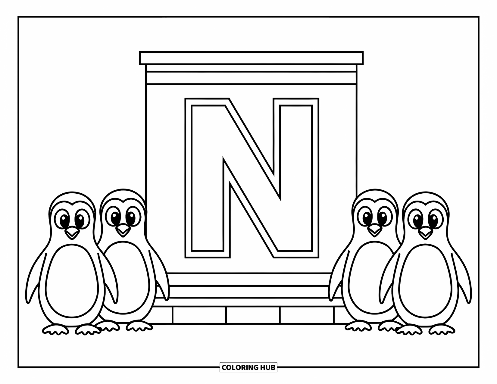 Letter N Coloring Page for Kids: A North Pole sign with penguins stands beside a big letter N