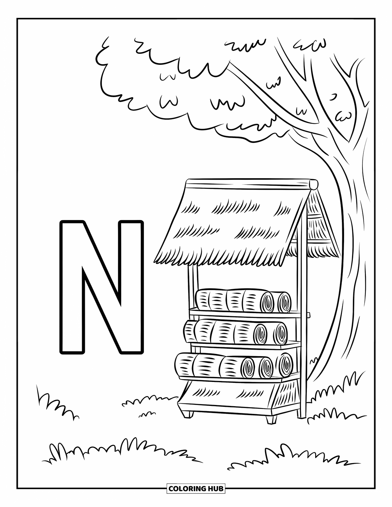 Letter N Coloring Page for Kids: A thatched-roof newsstand and bold N rest beside a grassy tree