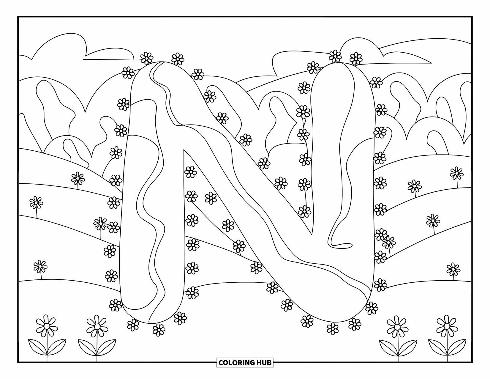 Letter N Coloring Page for Kids: A trail connects two hills forming the letter N, lined with flowers