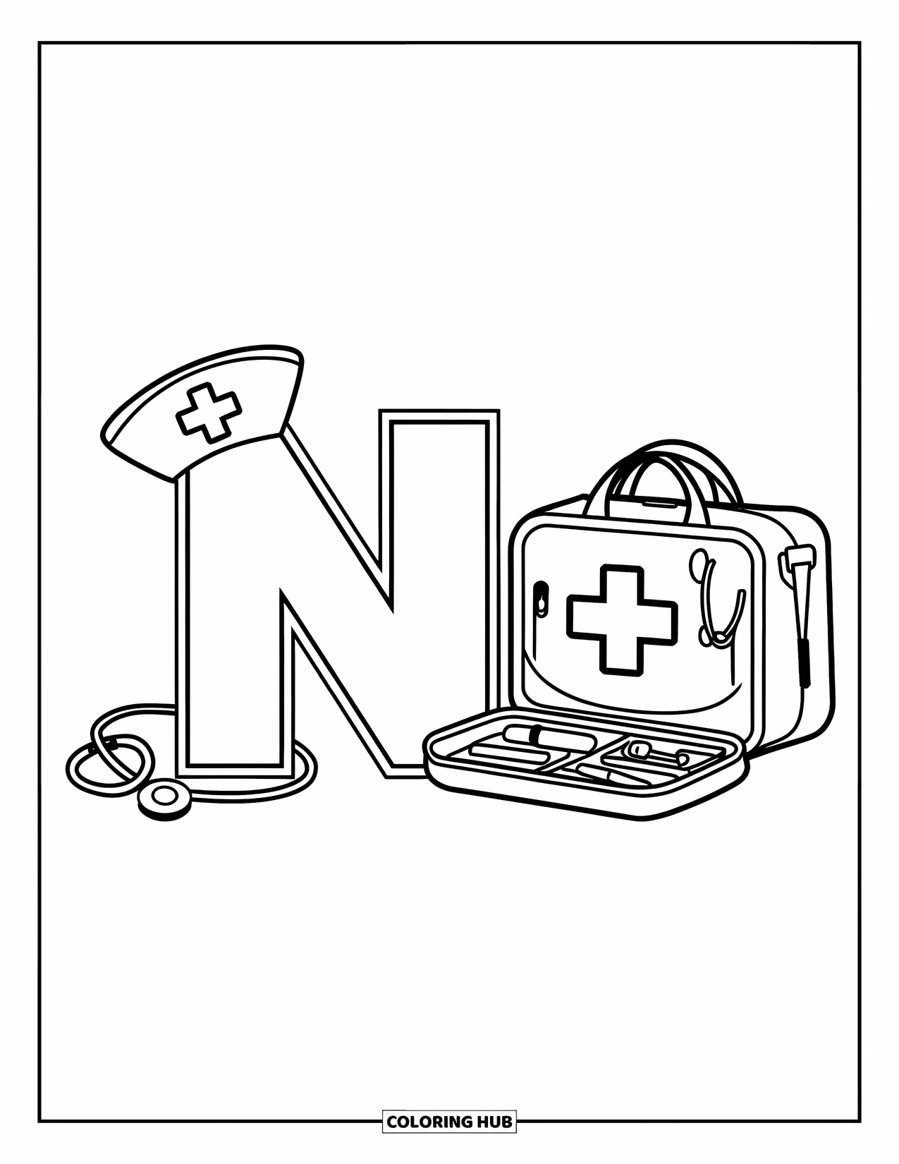 Letter N Coloring Page for Kids: An open nurse's kit with tools sits beside N wearing a nurse's cap