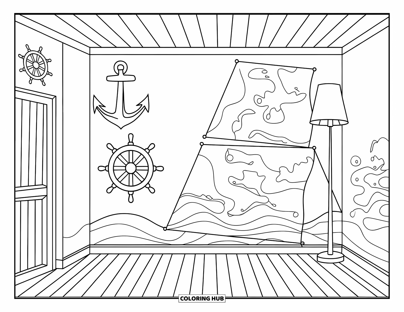 Letter N Coloring Page for Kids: Anchors and ocean maps fill a nautical room with wood floors and a lamp