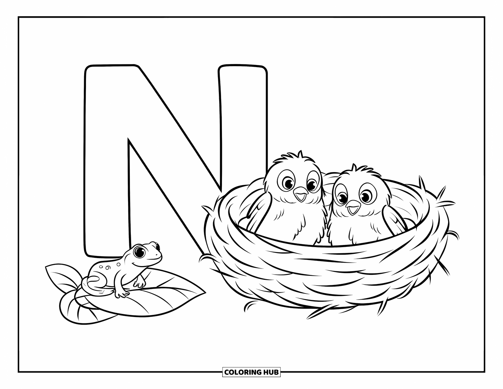 Letter N Coloring Page for Kids: Big N and little n appear with a nest and a tiny newt