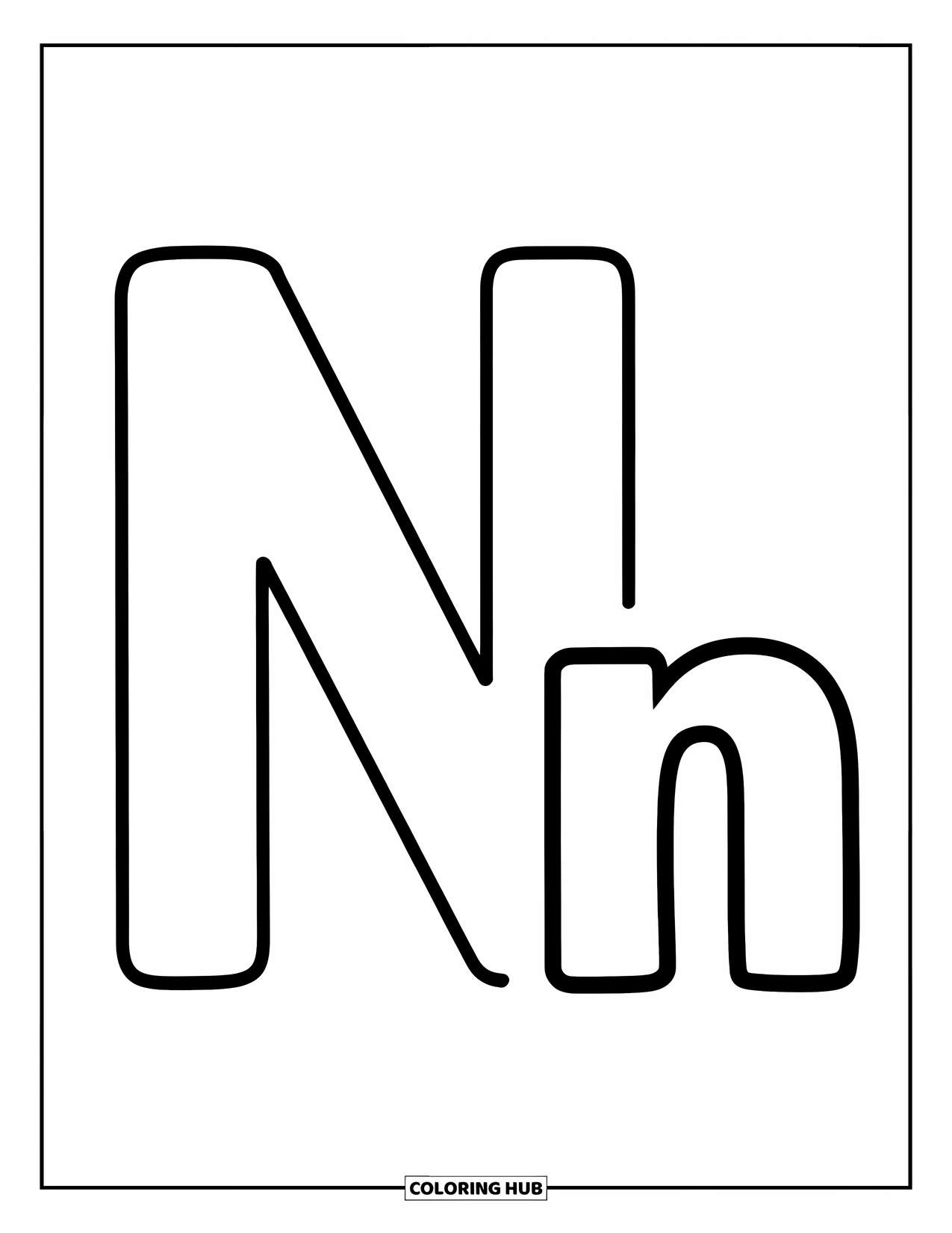 Letter N Coloring Page for Kids: Bold N and curved little n are easy and fun to color