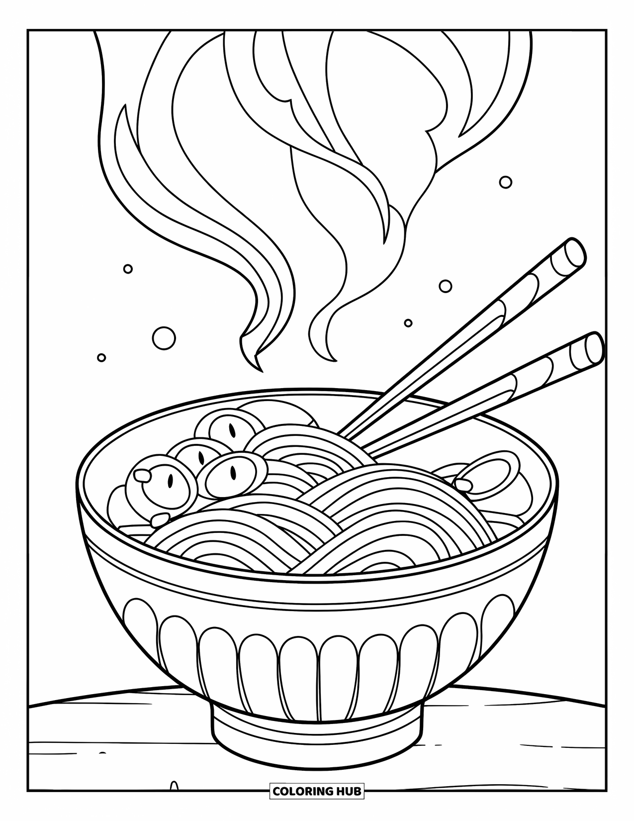 Letter N Coloring Page for Kids: Cute toppings and curling steam sit atop a bowl of cozy noodles