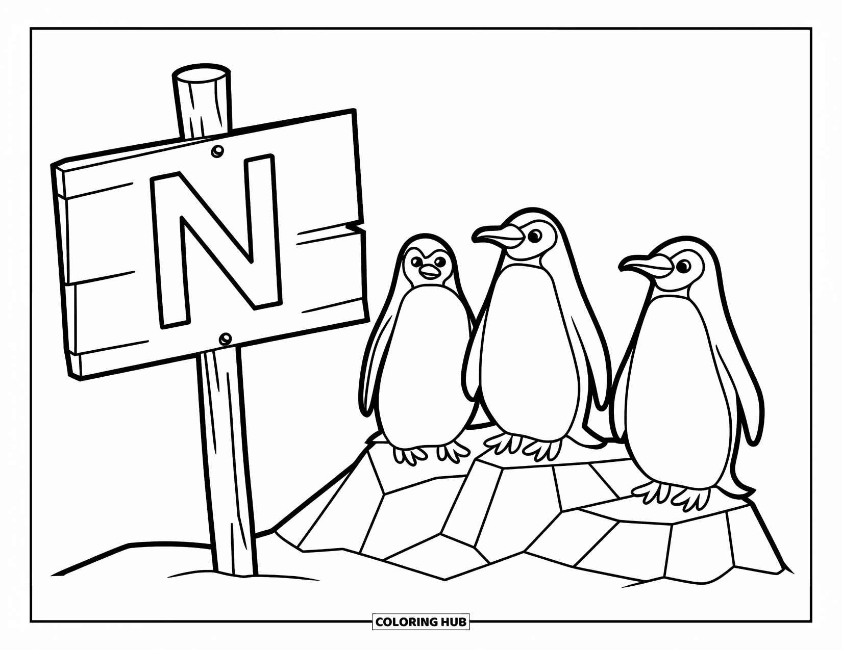 Letter N Coloring Page for Kids: Penguins stand beside a North Pole sign marked with the letter N