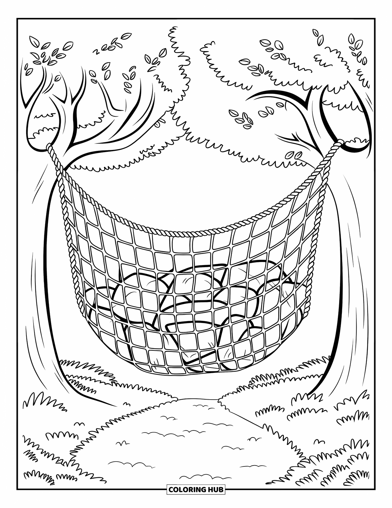 Letter N Coloring Page for Kids: Pillows rest in a tree-hung net beside grass and a quiet park path