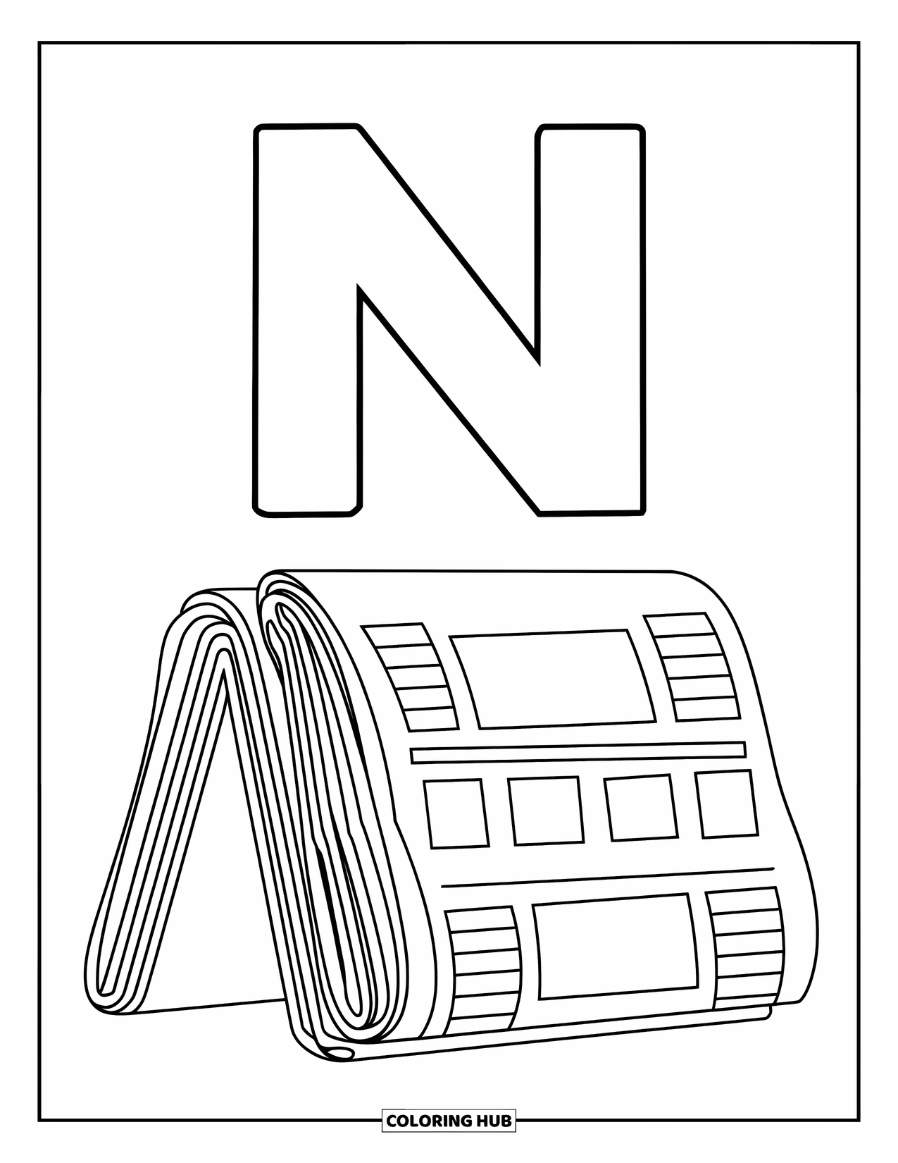 Letter N Coloring Page for Kids: Rolled newspapers sit under a bold letter N