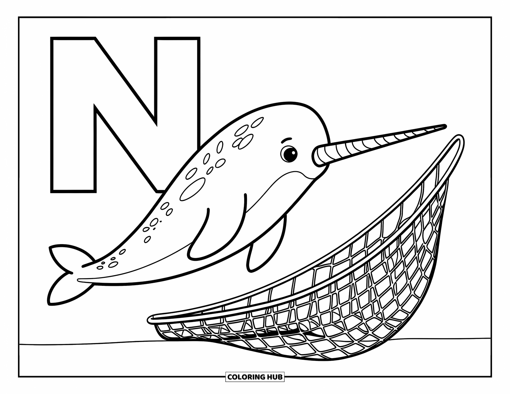 Letter N Coloring Page for Kids: The letters N and n float near a narwhal and net by the water