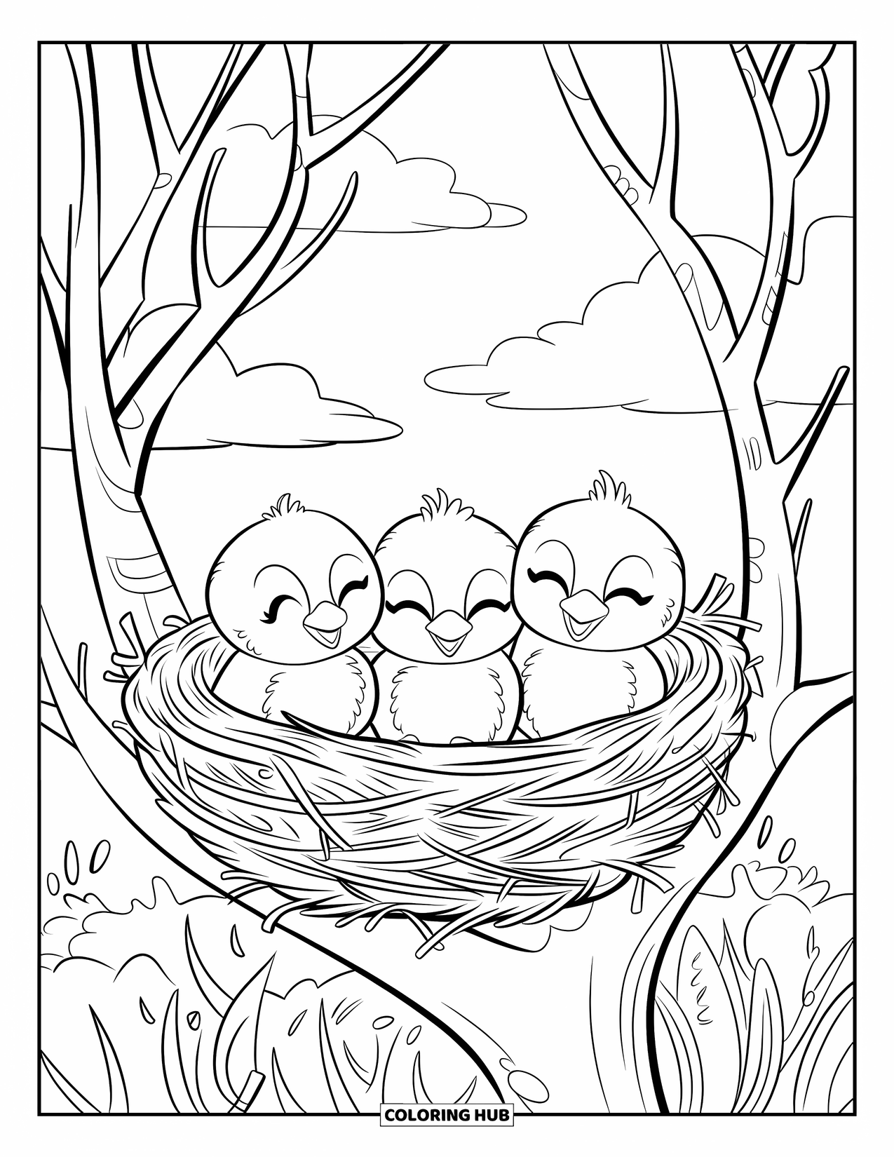 Letter N Coloring Page for Kids: Three baby birds chirp softly in a cozy nest between leafy branches