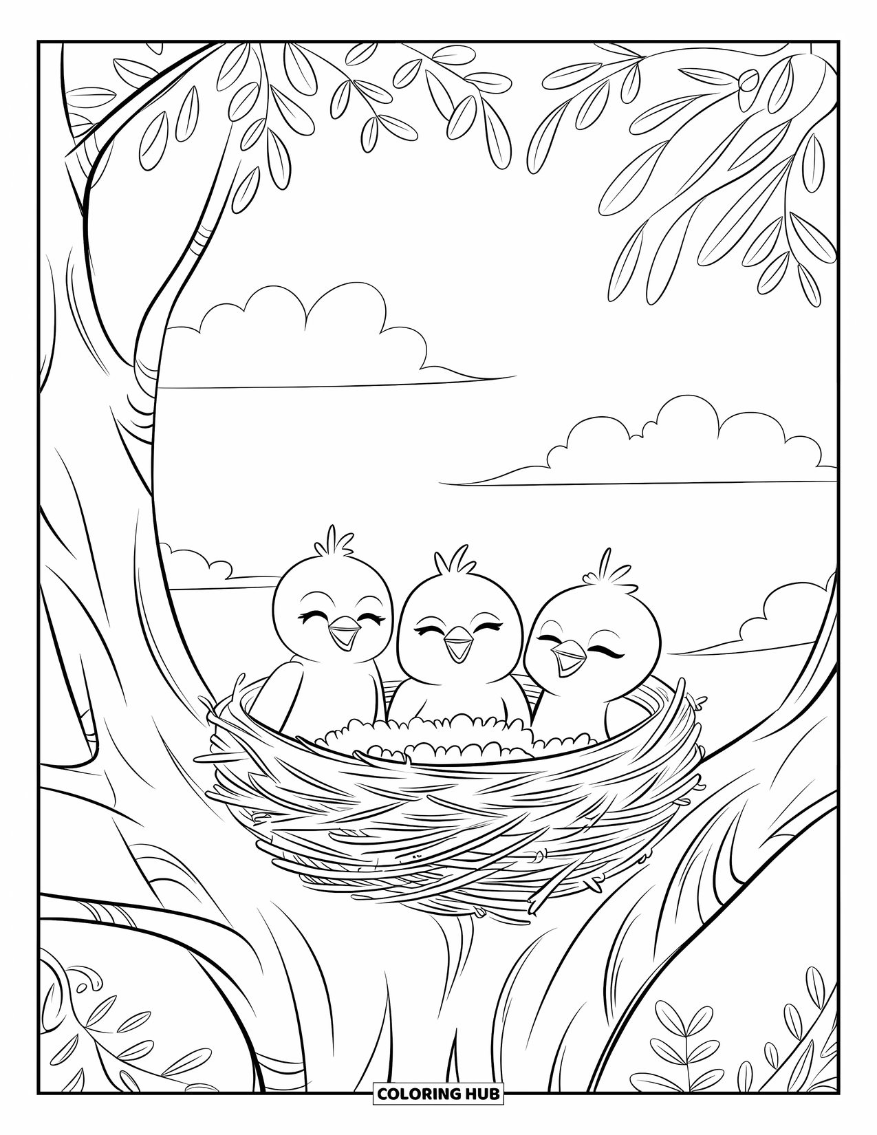 Letter N Coloring Page for Kids: Three tiny birds nestle together in a cozy twig nest among tree branches