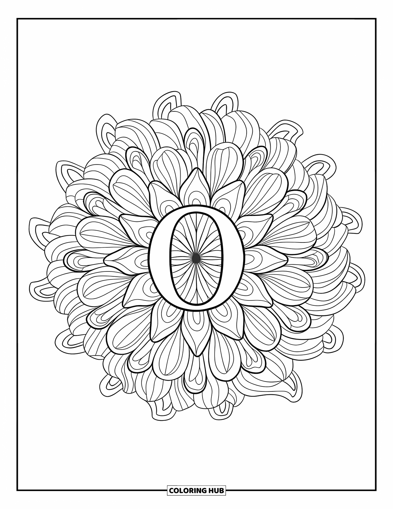 Letter O Coloring Page for Adults: Mandala of orchids radiates around a central O