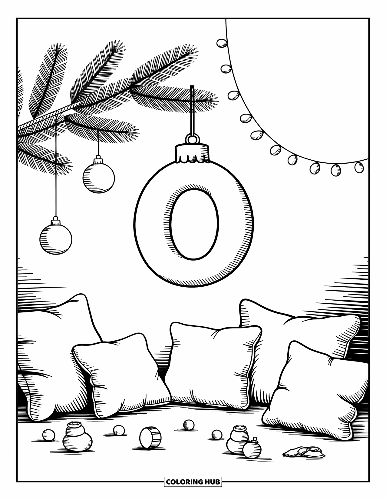 Letter O Coloring Page for Adults: O as a hanging ornament surrounded by cushions and garlands in a festive room