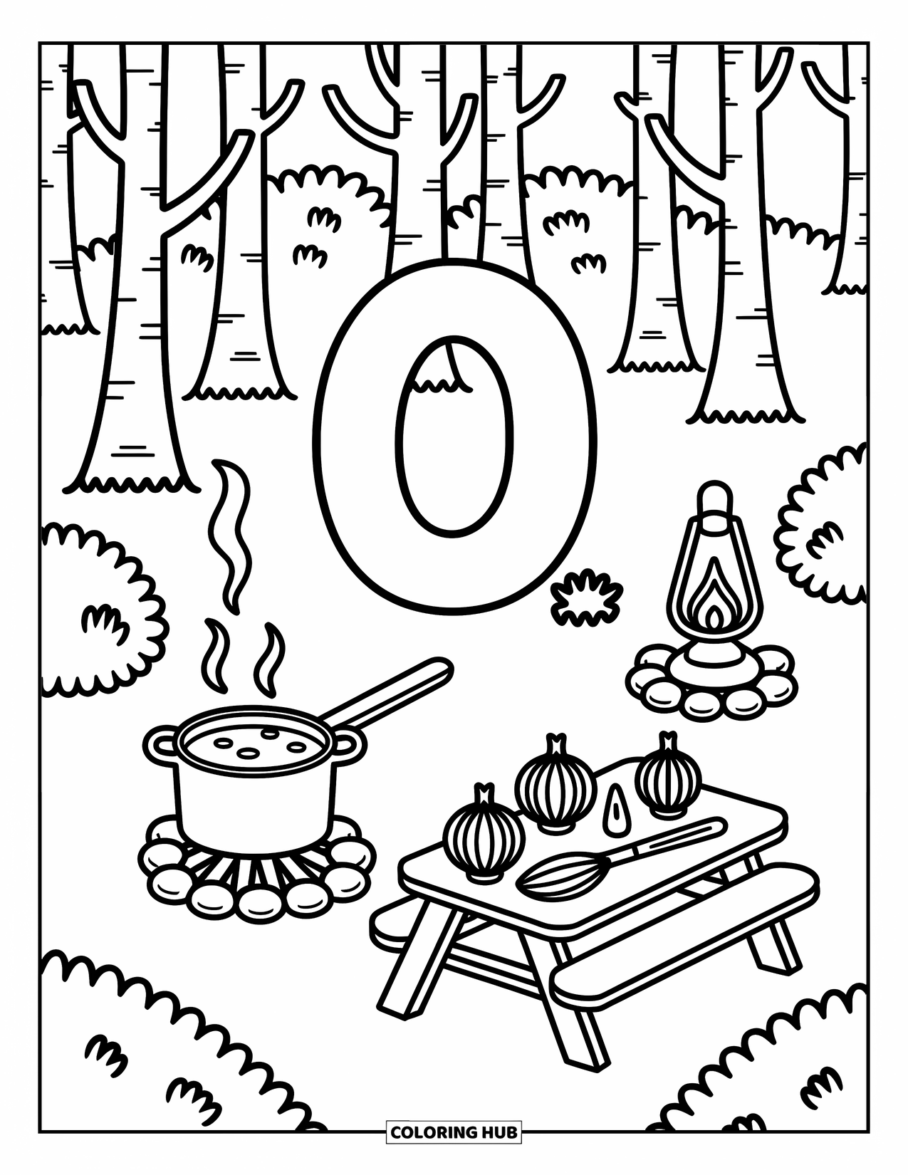 Letter O Coloring Page for Adults: O at the center of a forest kitchen with flickering lamp, food, and fire