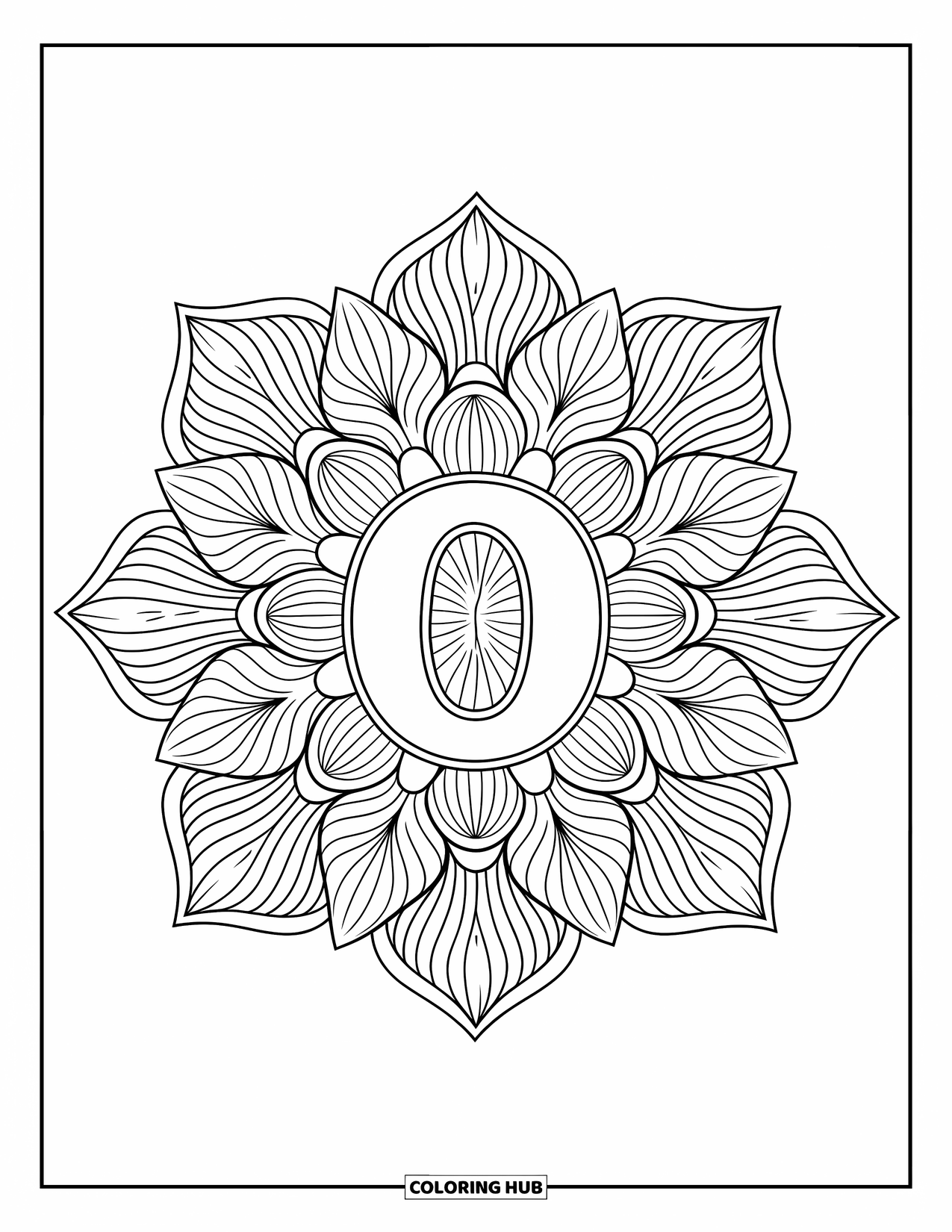 Letter O Coloring Page for Adults: O at the center of a symmetrical orchid mandala