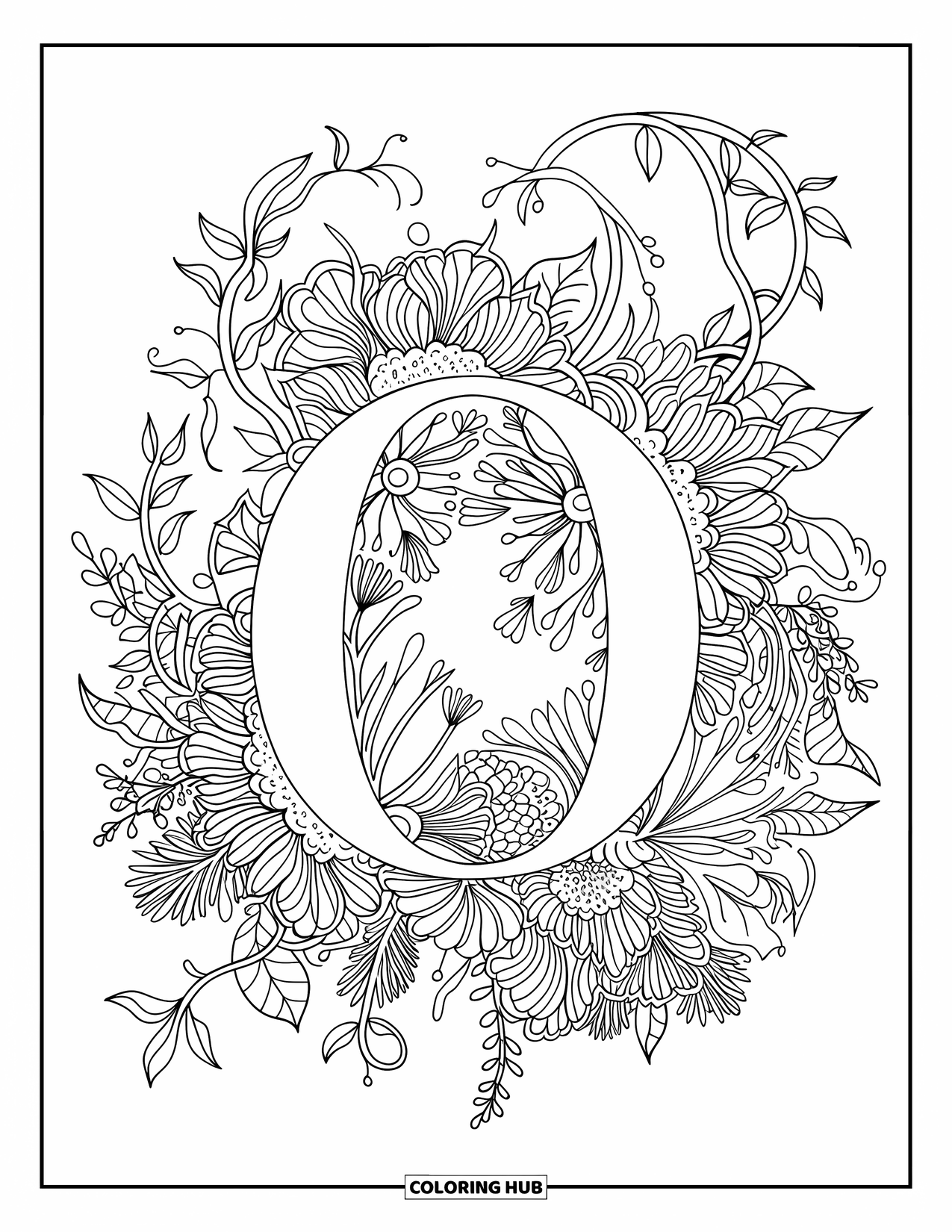 Letter O Coloring Page for Adults: O at the heart of a botanical mandala with vines and flowers