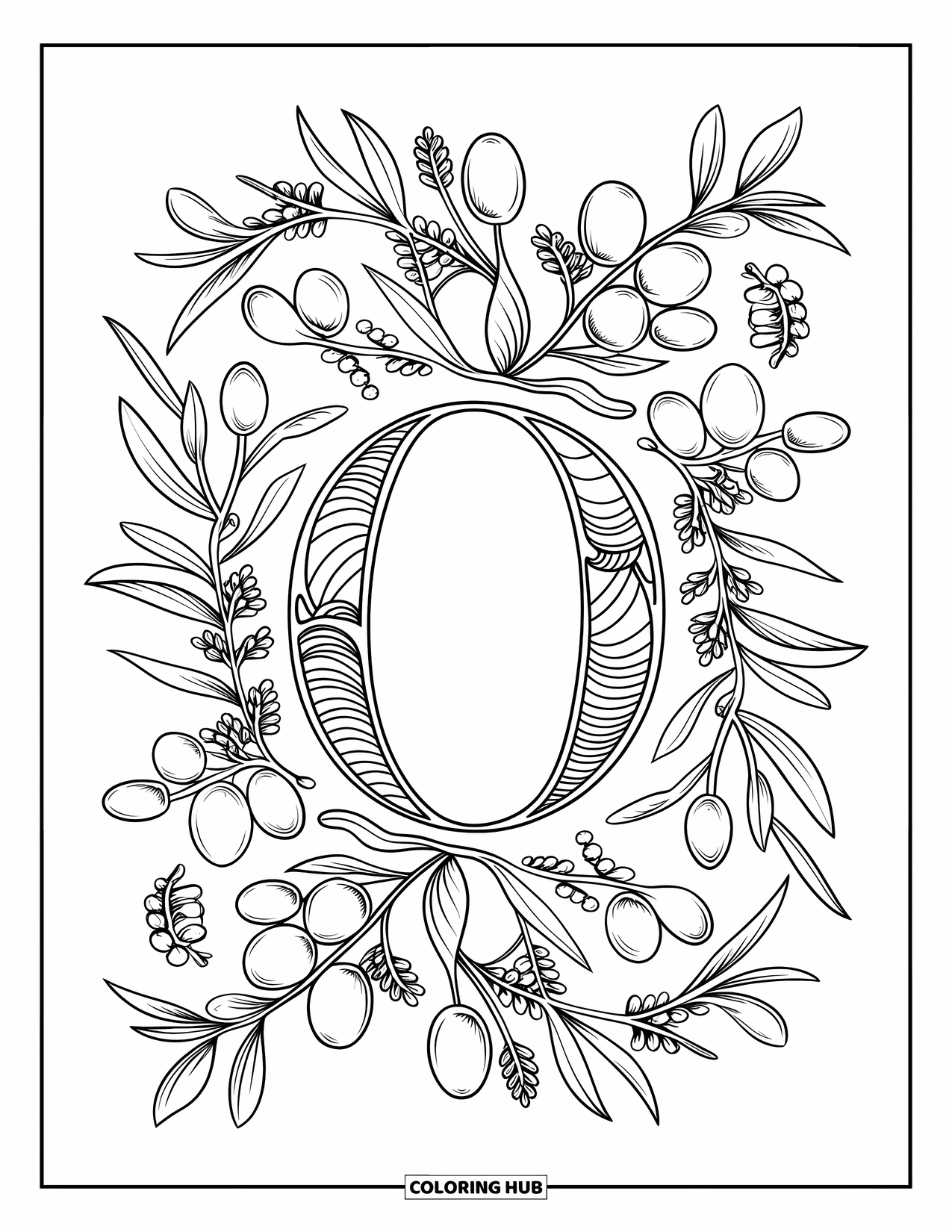 Letter O Coloring Page for Adults: O centered in a botanical lace of olives and herbs