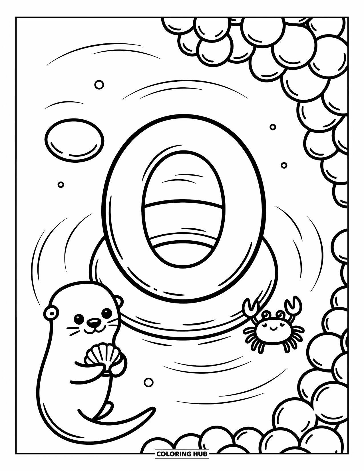 Letter O Coloring Page for Adults: O drifting in a tidepool with a cute otter, crab, and smooth stones