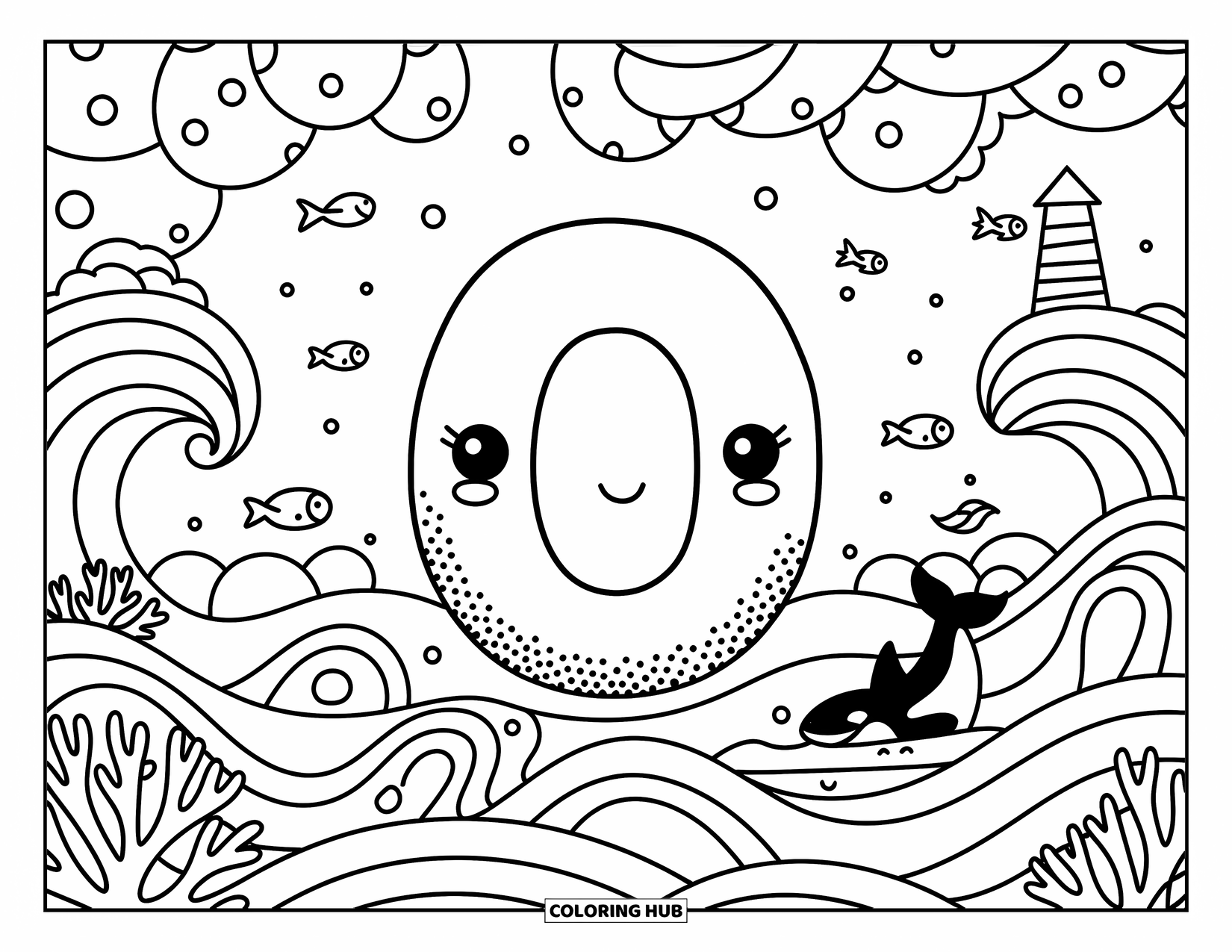 Letter O Coloring Page for Adults: O floating in a tranquil ocean with cute waves, fish, and a nearby orca