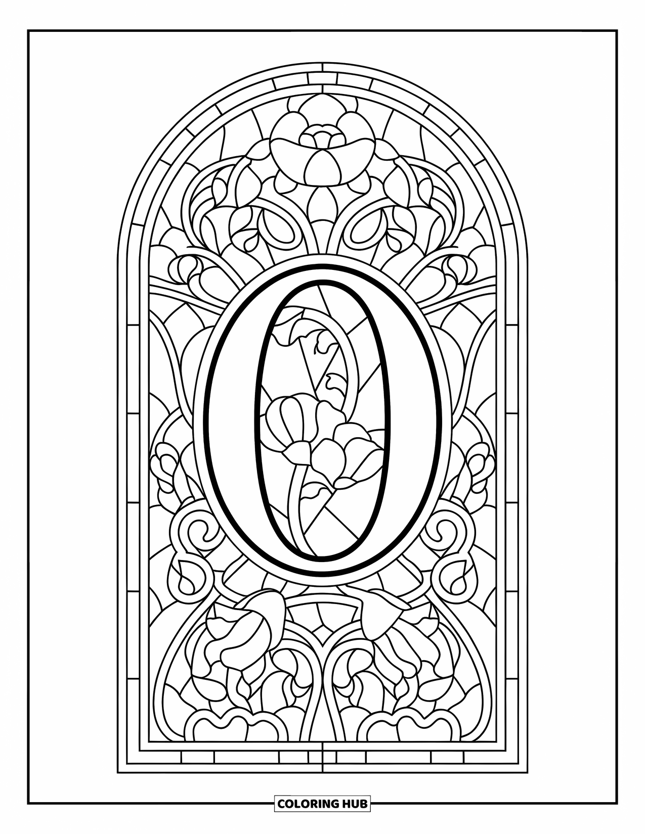 Letter O Coloring Page for Adults: O framed by flowers and vines in an intricate glass design