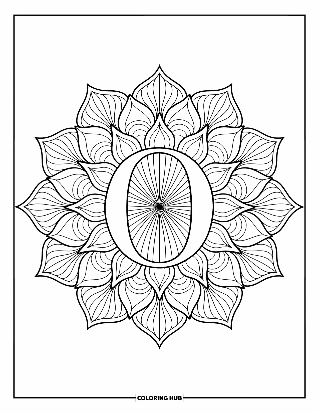 Letter O Coloring Page for Adults: O framed by orchid petals in a detailed mandala design