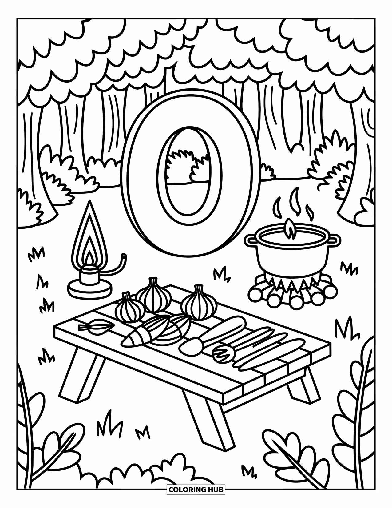 Letter O Coloring Page for Adults: O in a forest kitchen with a lamp, campfire pot, and sliced onions and okra