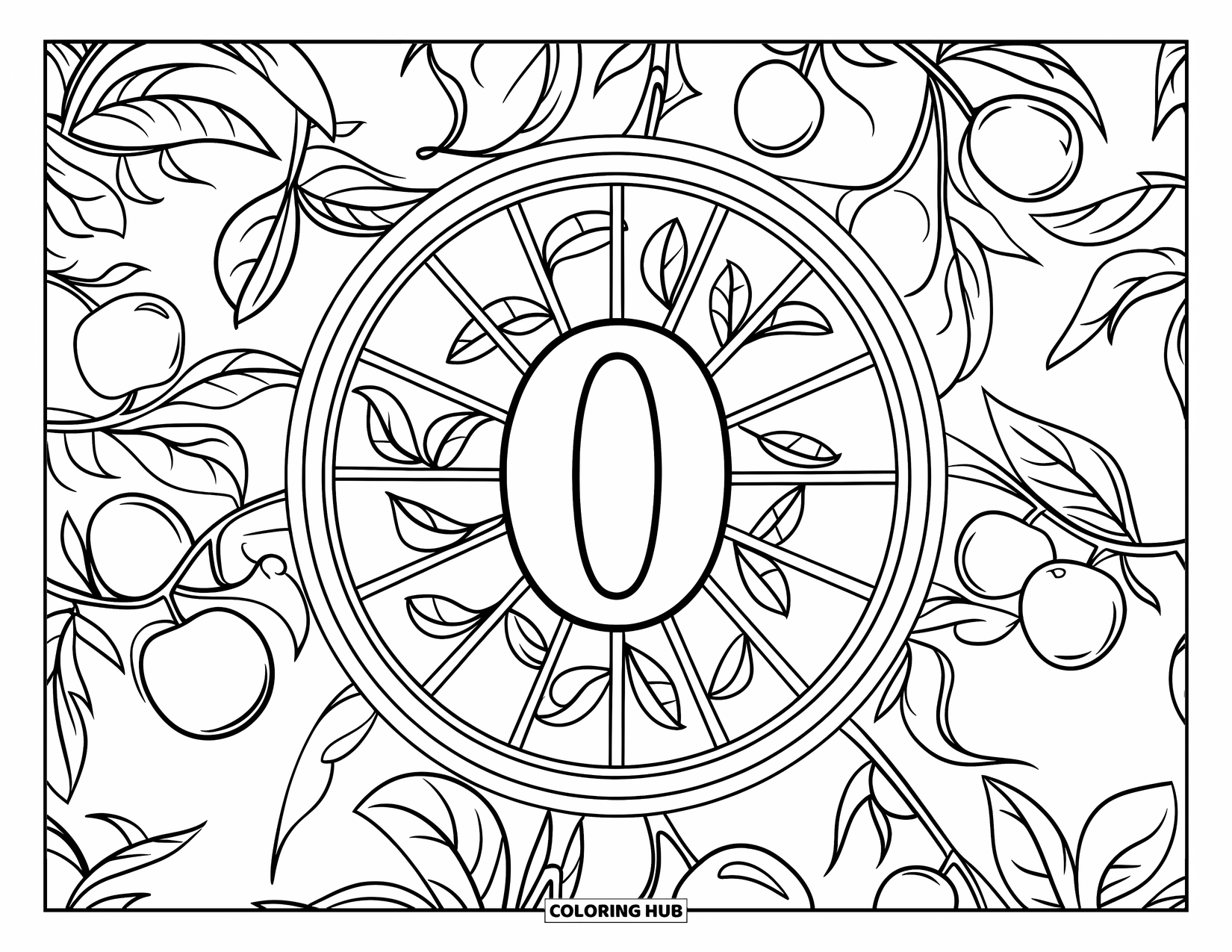 Letter O Coloring Page for Adults: O in a stained glass-style window with leaves, fruit, and branches
