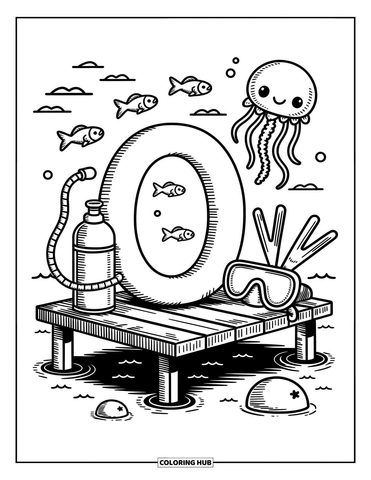 Letter O Coloring Page for Adults: O near an ocean pier with playful fish, jellyfish, and a snorkel mask